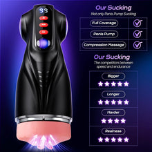 Load image into Gallery viewer, This male masturbation sex toy features 9 suction modes and 9 vibration modes, a pocket-sized vaginal model, and colored light stimulation