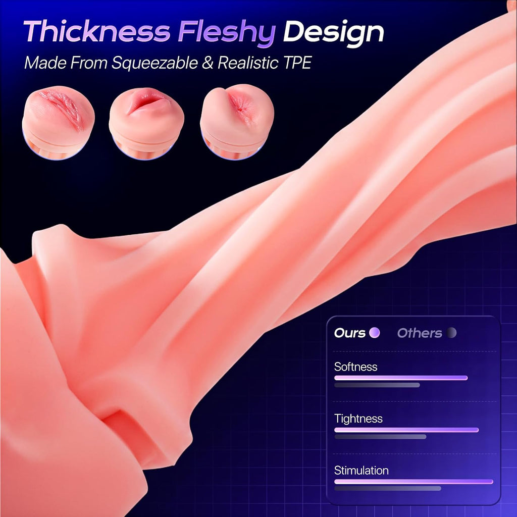 This male masturbation sex toy features 9 suction modes and 9 vibration modes, a pocket-sized vaginal model, and colored light stimulation