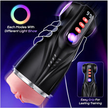 Load image into Gallery viewer, This male masturbation sex toy features 9 suction modes and 9 vibration modes, a pocket-sized vaginal model, and colored light stimulation