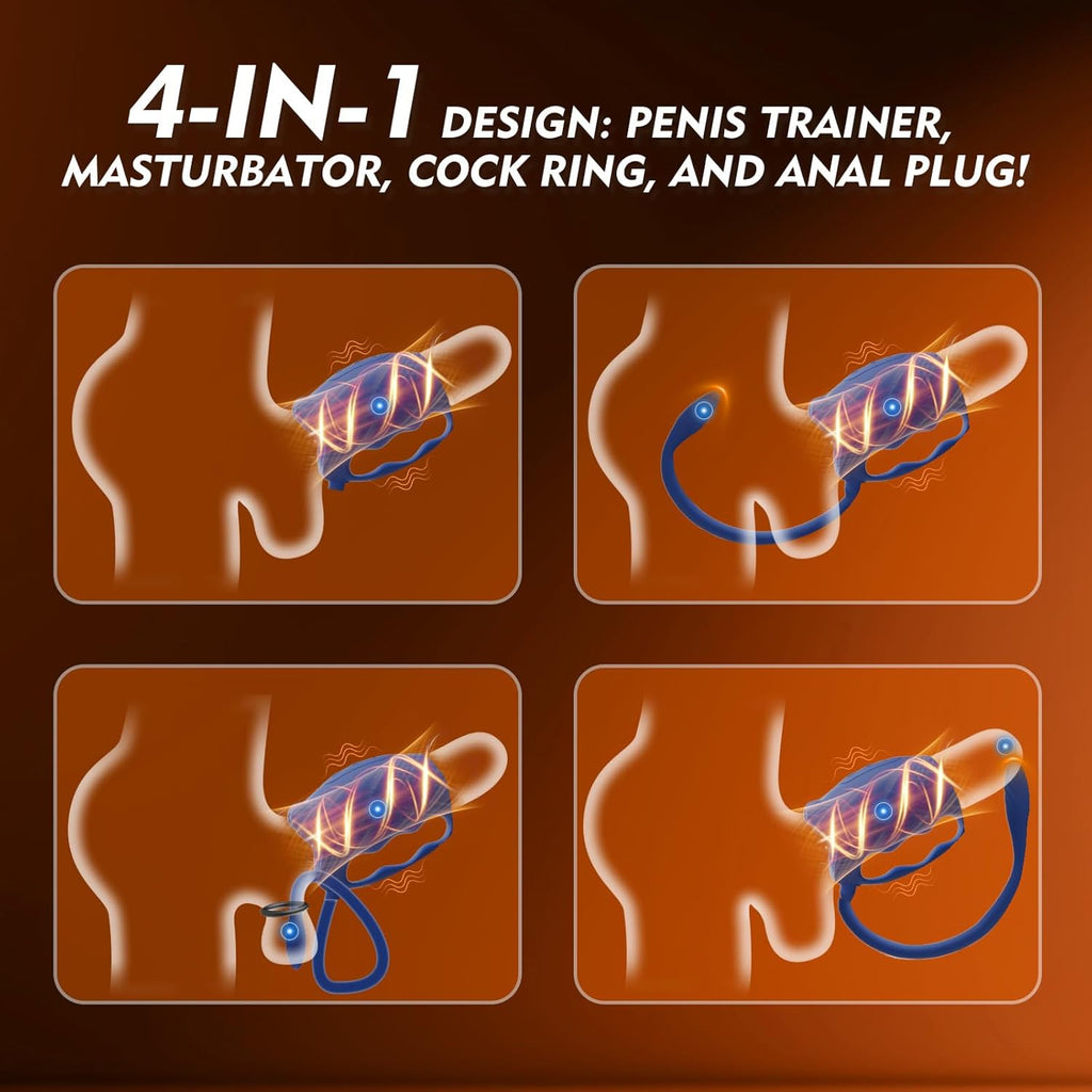 A 2-in-1 male penis vibrator with a detachable anal plug and penis ring, hands-free design, for penis training