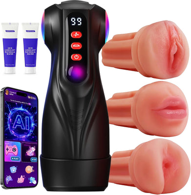 This male masturbation sex toy features 9 suction modes and 9 vibration modes, a pocket-sized vaginal model, and colored light stimulation