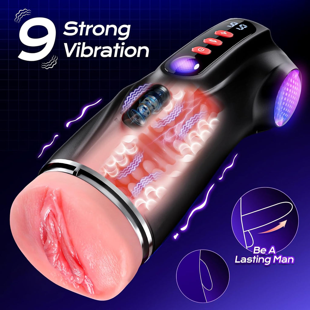 This male masturbation sex toy features 9 suction modes and 9 vibration modes, a pocket-sized vaginal model, and colored light stimulation